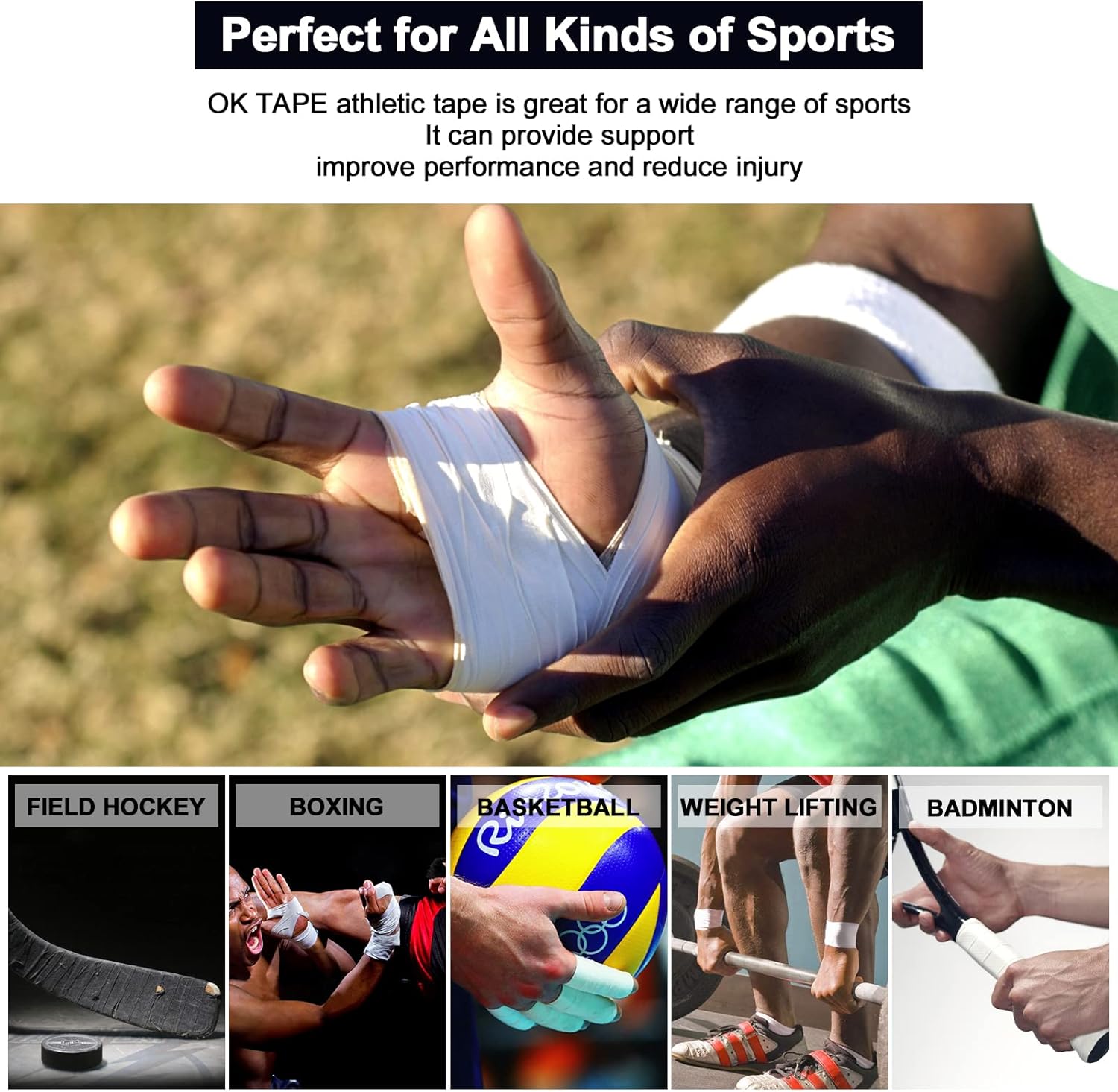 OK TAPE Athletic Sports Tape（4 Packs) - 45ft Per Roll Very Strong Tape for Athlete & Sport Trainers & First Aid Injury Wrap, Perfect for Fingers Ankles Wrist on Bat, Hockey Stick - White