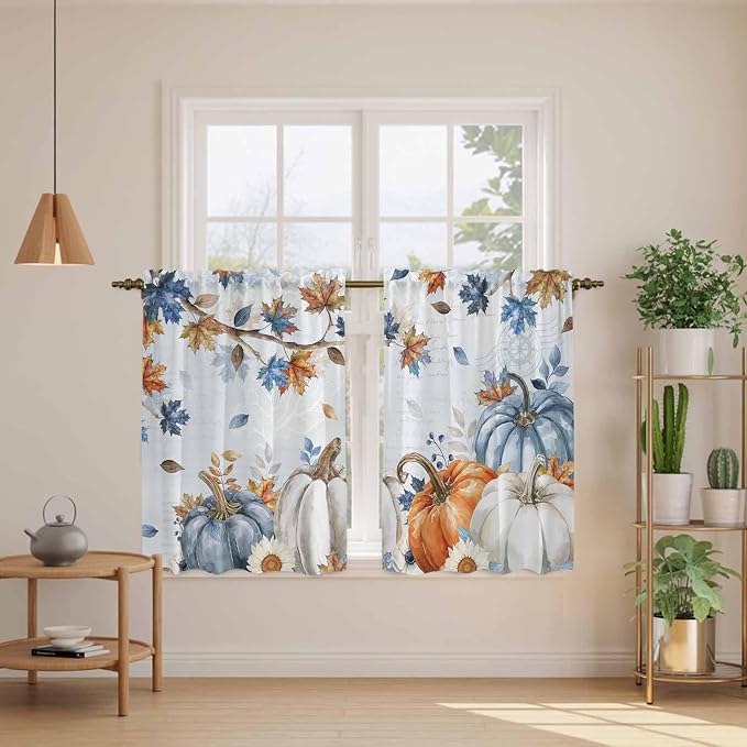 Fall Blue Maple Kitchen Tier Curtains 45 Inch Long 2 Panel Set, Rod Pocket - Image 3