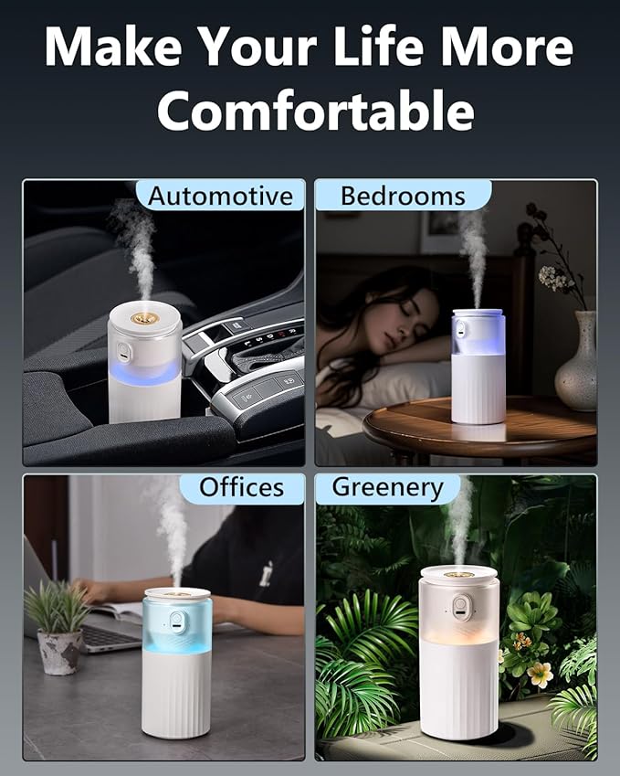 OATSBASF Portable Mini Humidifier, Small Cool Mist for Car With Night Light, 28dB Quiet Air Humidifier for Bedroom, Office, Plants, Dorm, 2 Mist Modes, Easy to Fill and Clean (White)