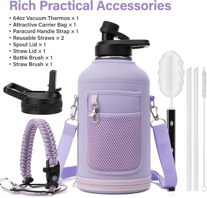 Insulated Water Bottle | Thickened Stainless Steel Vacuum Metal | Portable Sports Half Gallon Large Water Jug for Gym and Hiking with Straw, Carrier Bag, Handle Strap | BPA-Free 64 oz-FlexoryFit
