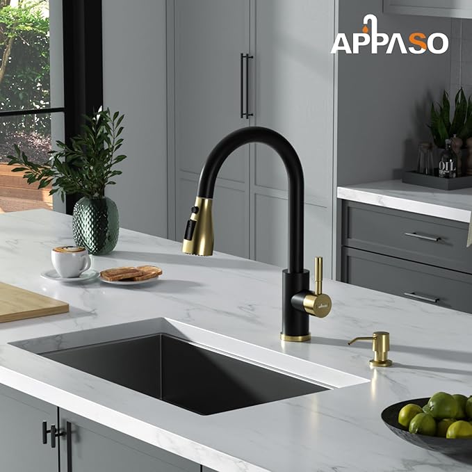 APPASO Black and Gold Kitchen Faucet, Stainless Steel Kitchen Sink Faucets with Soap Dispenser and Pull Down Sprayer 3 Modes, High Arch Single Handle Matte Black with Deck Plate for 1 to 4 Holes Sink