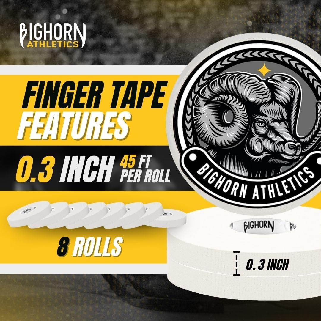 Bighorn Athletics Jiu Jitsu Finger Tape | Residue-Free Athletic Finger Tape for Sports & Injuries: Rock Climbing, Volleyball, Football, Basketball, Hands & Toes | 0.3-Inch x 45-feet, 8-Rolls, White