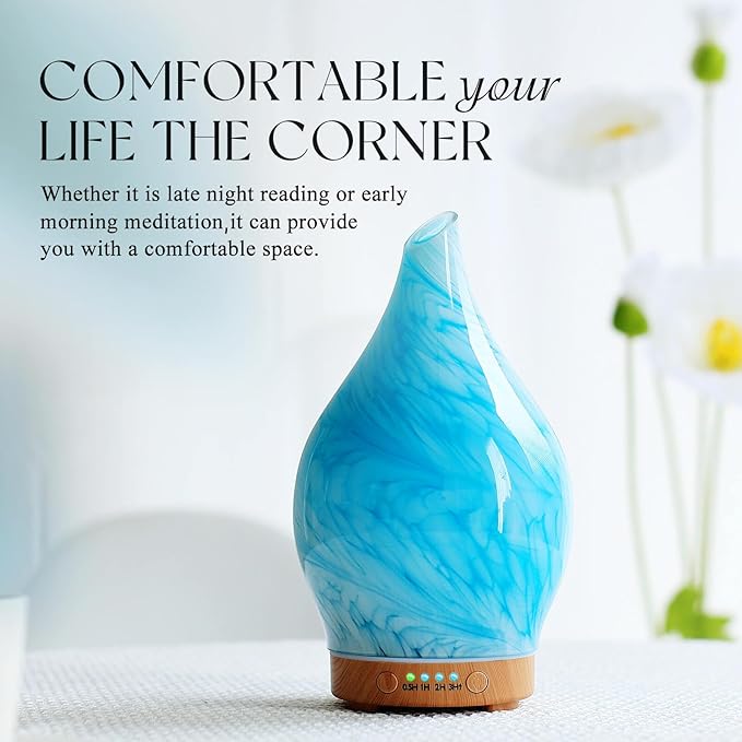 Porseme 150ml Essential Oil Diffuser Glass Color Changing Aroma Air Diffusers Aromatherapy Ultrasonic Cool Mist Humidifier 6 Running Hours Waterless Auto-Off for Sleeping Yoga Office Spa (Blue Wave)