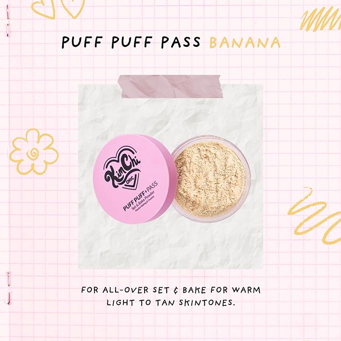 Kimchi Chic Beauty Puff Puff Pass Set and Bake Setting Powder for Makeup, Extra Fluffy Loose Face Powder Poof, Soft Natural Face Makeup for Uneven Skin Tone, 02 Banana-FlexoryFit