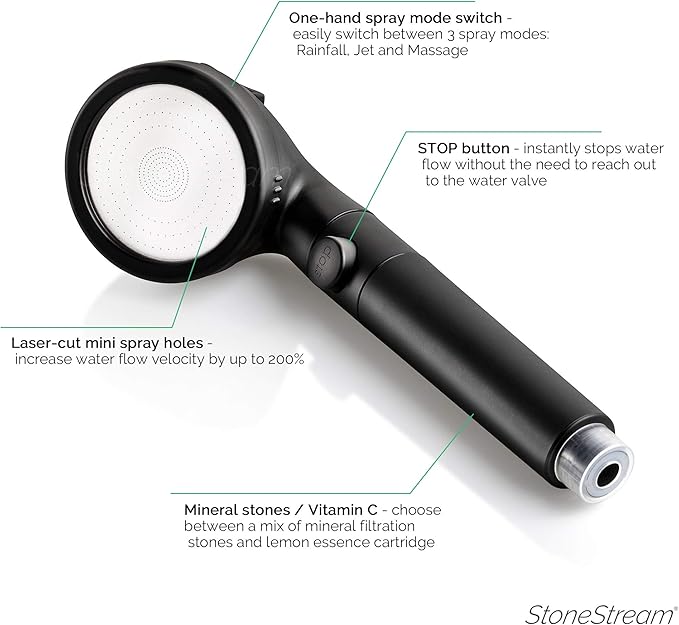 Original StoneStream® EcoPower Shower Head System — Spa Like Ionic Filter to Soften Water, Increase Pressure & Save Water — Showerhead + Hard Water Filtration + Wall Adapter Kit — Matte Black