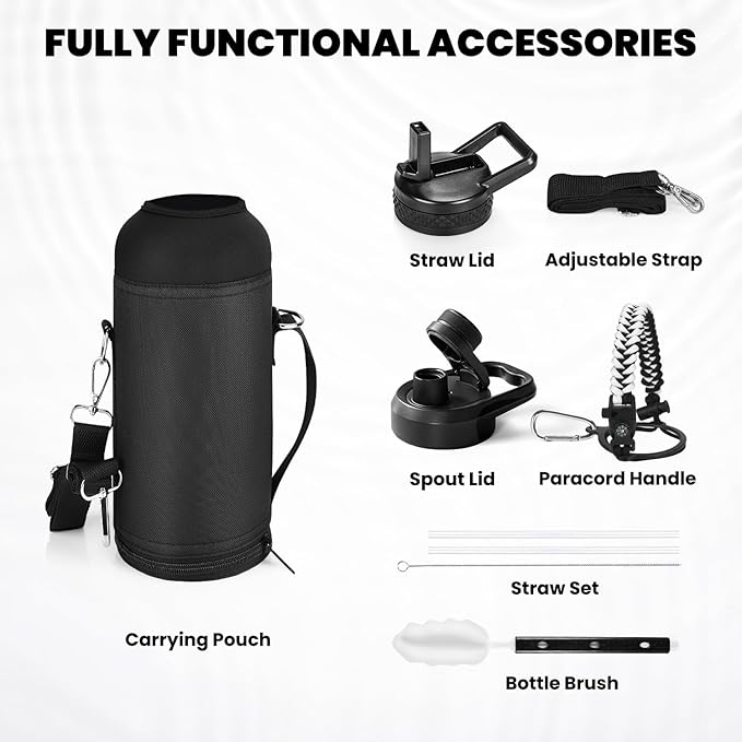 Insulated Water Bottle 40 oz, Triple Wall Vacuum Stainless Steel (Cold for 48 Hrs), Leak Proof & Non-BPA, Modern Water Flask Jug with Paracord Handle & Straw Spout Lids, Ombre: White/Black-FlexoryFit