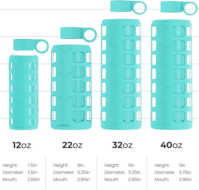 purifyou 40oz / 32oz / 22oz / 12oz Borosilicate Glass Water Bottle with Time & Volume Markers, Silicone Sleeve, Stainless Steel Lid | Reusable Glass Bottle for Water & Juice (22oz Aqua Blue)