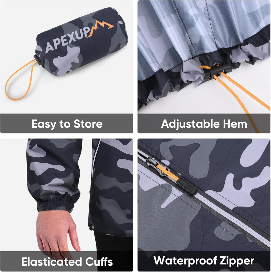 APEXUP Packable Rain Jacket Men with Reflective Zipper, Lightweight Waterproof Raincoat, Mens Rain Jacket for Outdoor Sports