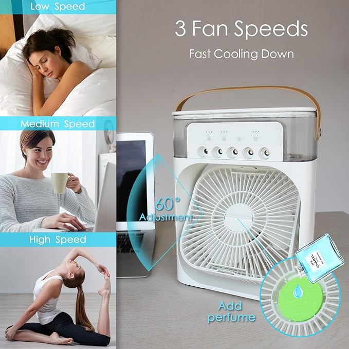 Portable Air Conditioner Fan, Mini Evaporative Air Cooler with 7 Colors LED Light, 1/2/3 H Timer, 3 Wind Speeds and 3 Spray Modes for Your Desk, Nightstand, or Coffee Table