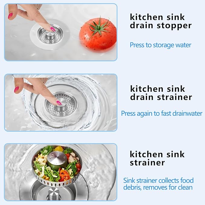 3-in-1 Kitchen Sink Drain Strainer Stopper, Upgraded Stainless Steel Sink Plug with Anti-Clog Filter Basket, Fits Standard 3-1/2 Inch Drain Hole, Pop Up Garbage Disposal Cover, Universal Food Catcher