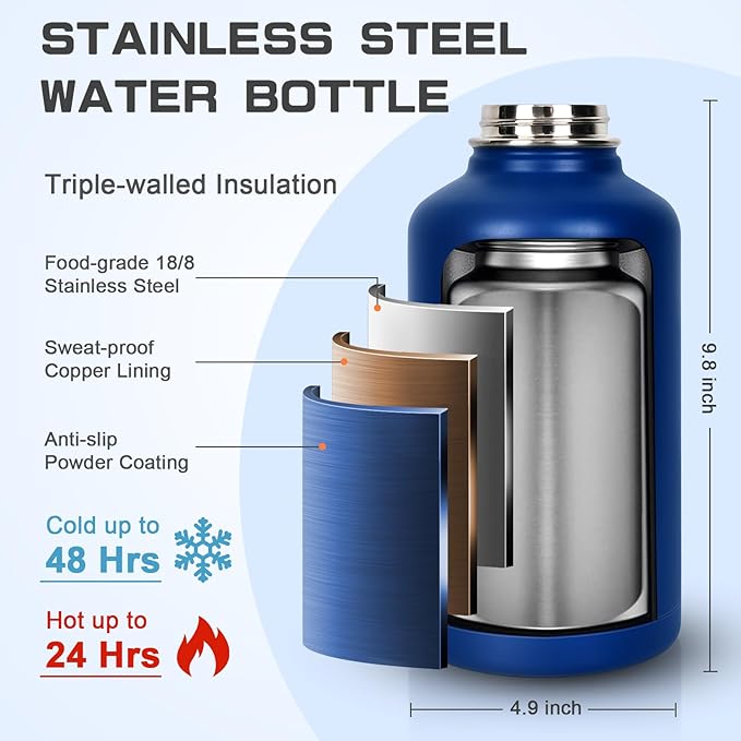 Insulated Water Bottle 64 oz, Half Gallon Water Jug Cold 48H, BPA Free Stainless Steel Bottles with Straw/Chug 2-in-1 Lid, Bag, Paracord Handle, Silicone Boot, Sports Gym School Metal Flask-FlexoryFit