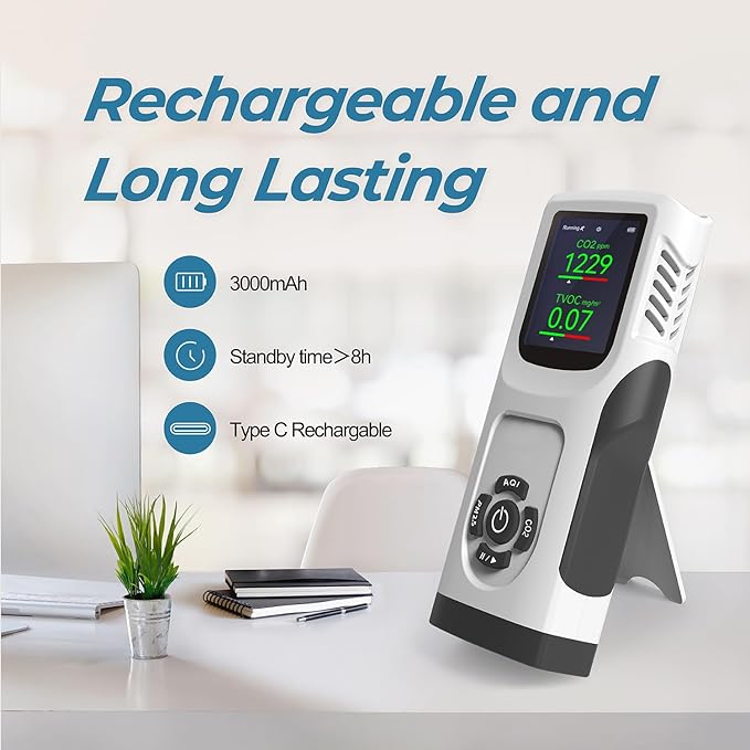6-in-1 Air Quality Monitor Indoor CO2 Monitor, 3000mAh AQI TVOC Air Quality Tester for Home PM2.5 PM10 Particle Counter Air Quality Monitor with Graph, Portable Outdoor LED Screen