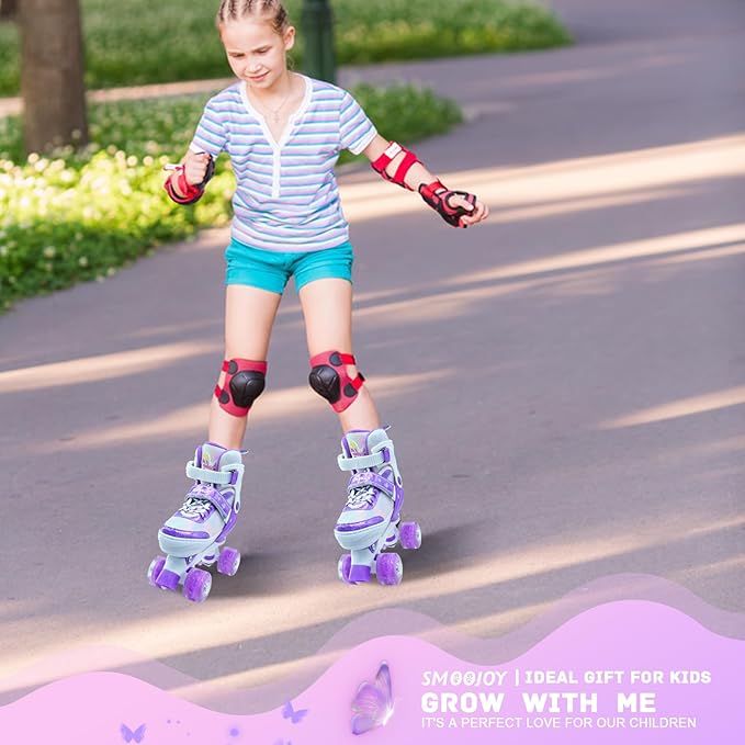 Kids Roller Skates for Girls-Outdoor 4 Size Adjustable Butterfly Quad Rollerskates for Indoor Ages 3-12 Years Beginners Children's Birthday Gift with Light Up Wheels patines para niñas Indoor-FlexoryFit