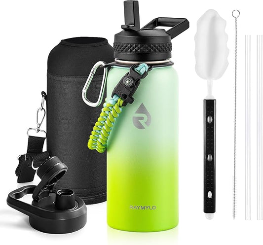Insulated Water Bottle 32 oz, Triple Wall Vacuum Stainless Steel (Cold for 48 Hrs), Leak Proof & Non-BPA, Modern Water Flask Jug with Paracord Handle & Straw Spout Lids, Ombre Green-FlexoryFit