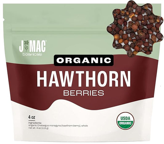 J Mac Botanicals, Organic Dried Hawthorn Berries Whole (4 oz) Hawthorn berry from Eastern Europe, certified Organic hawthorn berry tea, Hawthorne berries bulk resealable bag, Dried Hawthorn berries-FlexoryFit