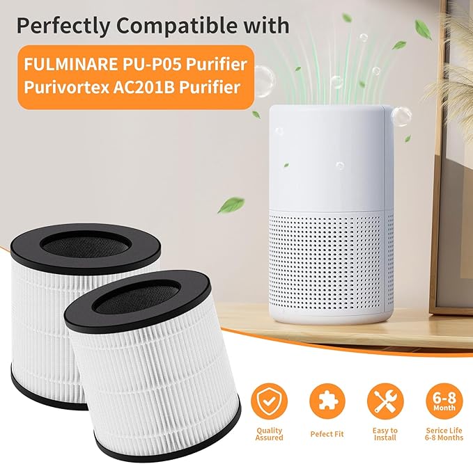 PU-P05/AC201B TReplacement Filter Compatible with FULMINARE PU-P05 Purifier and Purivortex AC201B Purifier, 3-in-1 H13 Filters（4-Pack）