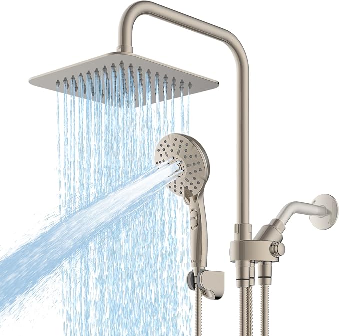 8" Dual Shower Head Combo, High Pressure Rainfall Shower Head with Handheld, 6 Spray Settings Angle Adjustable Handheld Shower Head with Pause, Height Adjustable, Brushed Nickel