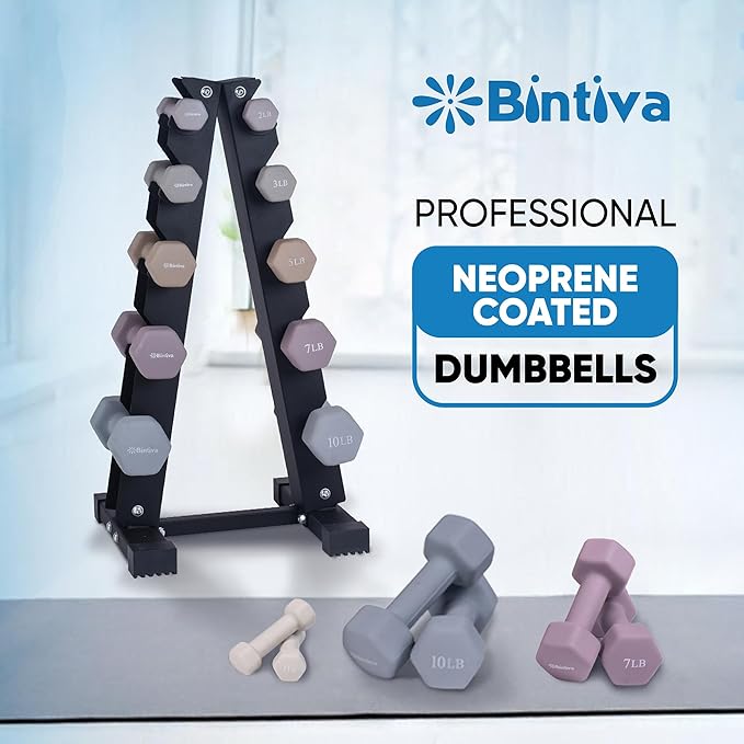 Dumbbell Set with Rack - Neoprene Coated Weights with Stand - Hex Color Coded Dumbell Pairs 1-20 LBs-FlexoryFit