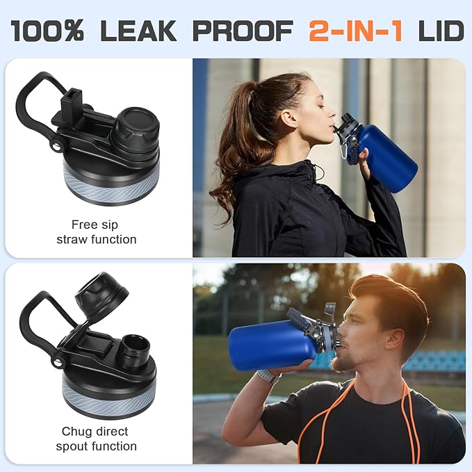 Insulated Water Bottle 64 oz, Half Gallon Water Jug Cold 48H, BPA Free Stainless Steel Bottles with Straw/Chug 2-in-1 Lid, Bag, Paracord Handle, Silicone Boot, Sports Gym School Metal Flask-FlexoryFit