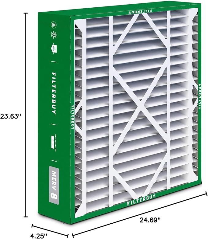 Filterbuy 24x25x5 Air Filter MERV 8 Dust Defense (2-Pack), Pleated HVAC AC Furnace Air Filters Replacement for Carrier FILXXCAR0024, Maytag, and More (Actual Size: 23.63 x 24.69 x 4.25 Inches)