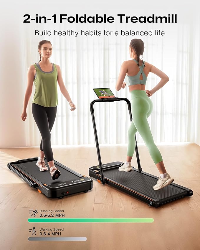 UREVO Strol 2E Smart 2-in-1 Folding Treadmill, Compact Walking Pad with Safety Handle, Plug and Play, Dual LED Display, Workout APP, Walking or Running for Home Office, Remote Included-FlexoryFit