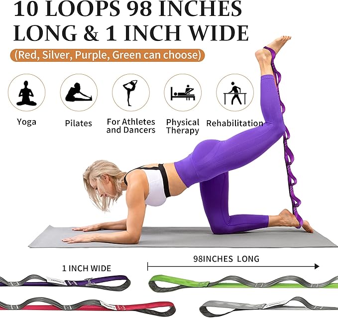 Stretching Strap Yoga Strap, 10 Loops Non-Elastic Stretch Bands Helps Women and Men Improve Flexibility for Home Workout, Physical Therapy, Pilates, Exercise, Dance, Comes with Door Anchor-FlexoryFit