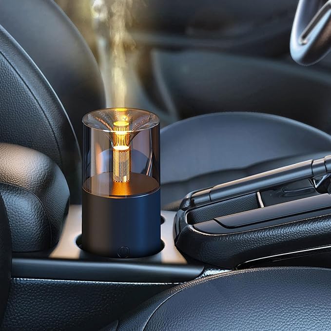 Essential Oil Diffuser Mini Portable Car USB Diffuser Humidifier with Candlelight Ambiance, Ultra Quiet Work for Office, Bedroom, Car Diffuser (Black)