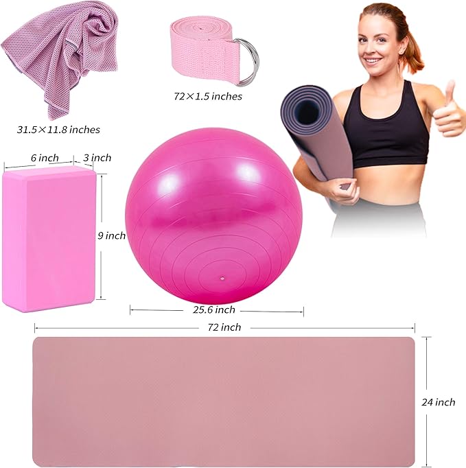 Yoga Starter Kit - 11-Piece Set with Yoga Blocks, Strap, Ball, Mat, Carrying Strap, Net Bag, Cooling Towel-FlexoryFit
