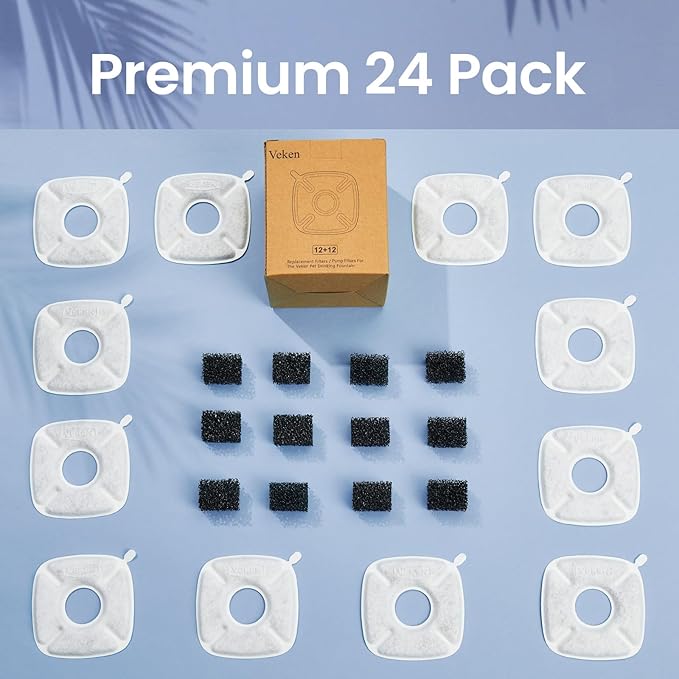 Veken Cat Water Fountain Filter, Classic 12 Pack Replacement Filters & 12 Pack Replacement Pre-Filter Sponges for 50oz, 84oz, 95oz Automatic Pet Fountain Dog Water Dispenser
