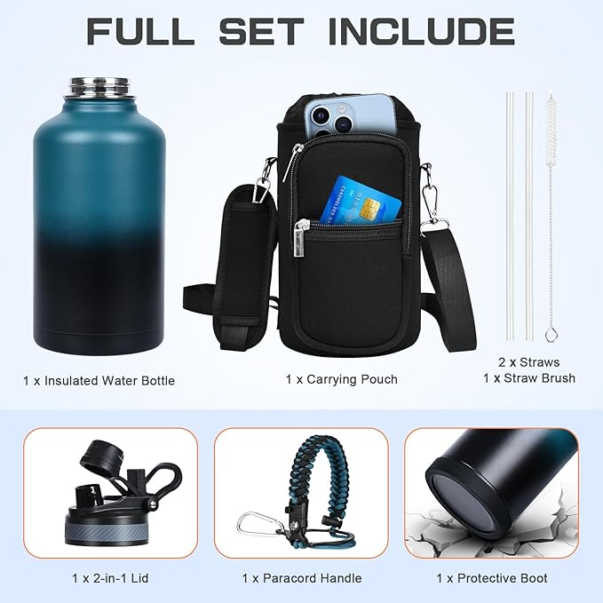 Insulated Water Bottle 64 oz, Half Gallon Water Jug Cold 48H, BPA Free Stainless Steel Bottles with Straw/Chug 2-in-1 Lid, Bag, Paracord Handle, Silicone Boot, Sports Gym School Metal Flask-FlexoryFit