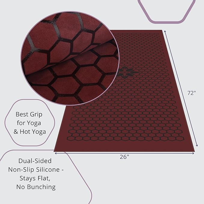 Clever Yoga Non-Slip Hot Yoga Towel – Non-Slip Grip for Hot Yoga, Sweat Absorbent, Honeycomb Silicone Grip, Stays Flat – Ideal for Pilates, Travel, Washable & Lightweight - Burgundy-FlexoryFit
