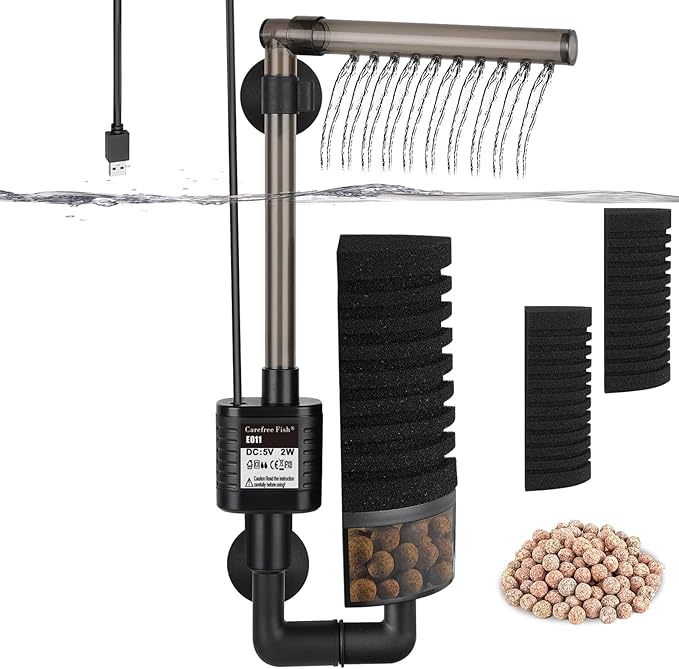 Carefree Fish Aquarium USB Filter Sponge Fish Tank Quiet Bubble Filter with 2 Sponges and 1 Bag of Filtered Ceramic Balls for Salt Water and Fresh Water