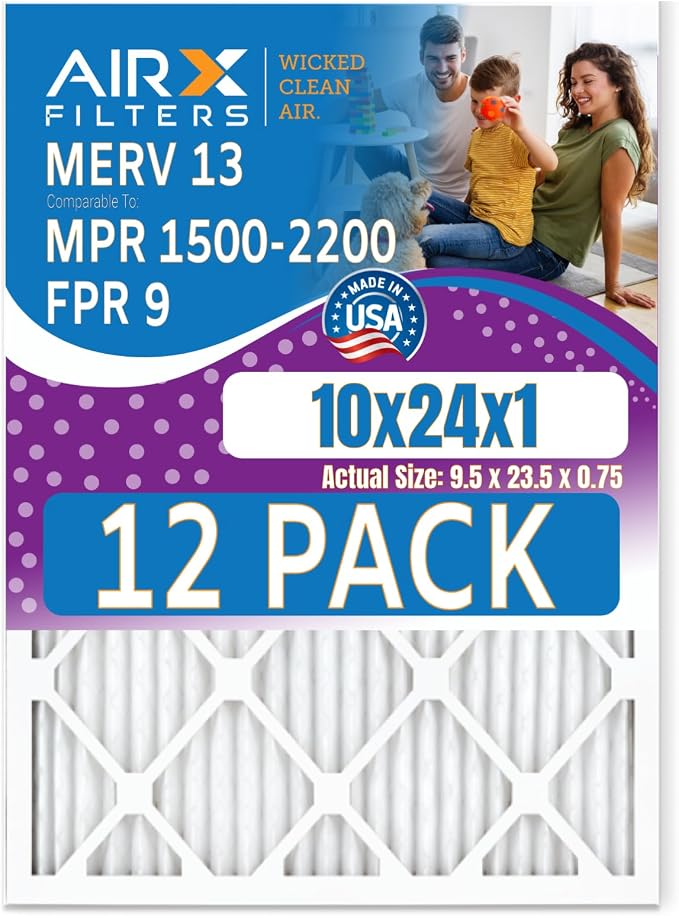 10x24x1 Air Filter MERV 13 Rating, 12 Pack of Furnace Filters Comparable to MPR by AIRXFILTERSWICKEDCLEANAIR