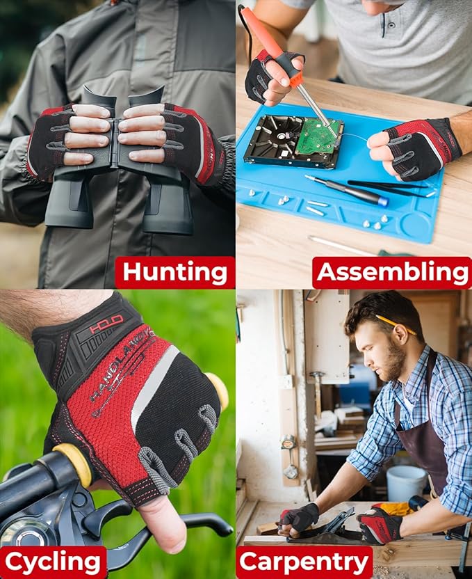 'HANDLANDY Fingerless Work Gloves for Men and Women Utility Padded Half Finger Driving Working Gloves (Small, Red)-FlexoryFit