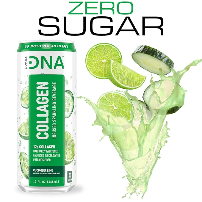 HYDRADNA- Sparkling Liquid Collagen Protein Water Drink Balanced Nutrients for Wellness - Sugar-Free - Keto-Friendly - No Gluten (12 Pack) Cucumber Lime-FlexoryFit