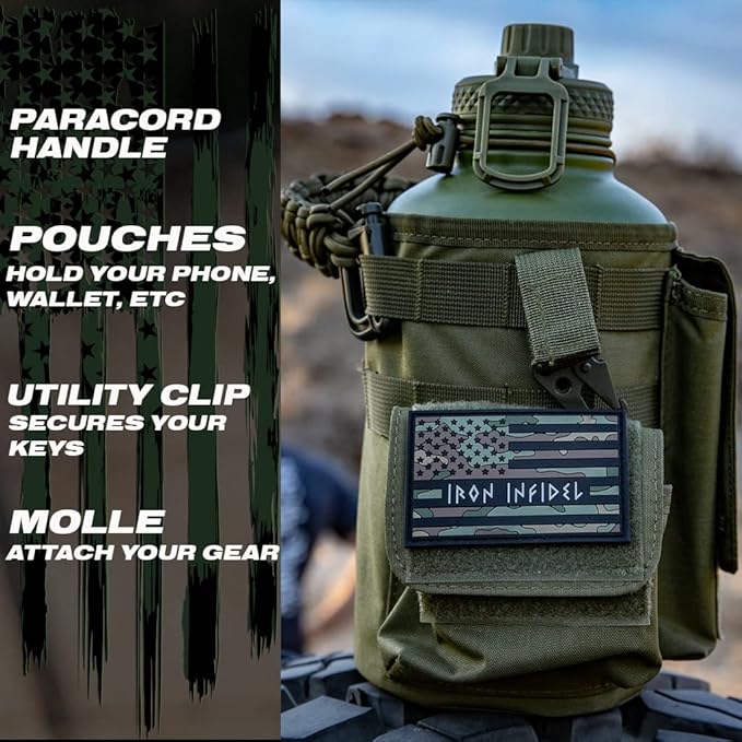 Iron Infidel Battle Bottle - Half Gallon Insulated Water Bottle with Paracord Handle, Large 64 oz Stainless Steel Water Jug with Rugged, Removable Sleeve for Keys, Wallet, & Phone (Live Free 2 Liter)-FlexoryFit