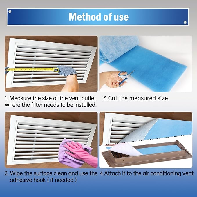 Air Vent Filter, 12"X100" Cut to Size MERV 8 Triple Air Filter Material, Blue & White Electrostatic Vent Filter Kit for Home Floor, Ceiling, Grilles, HVAC Vent, Compression Packing