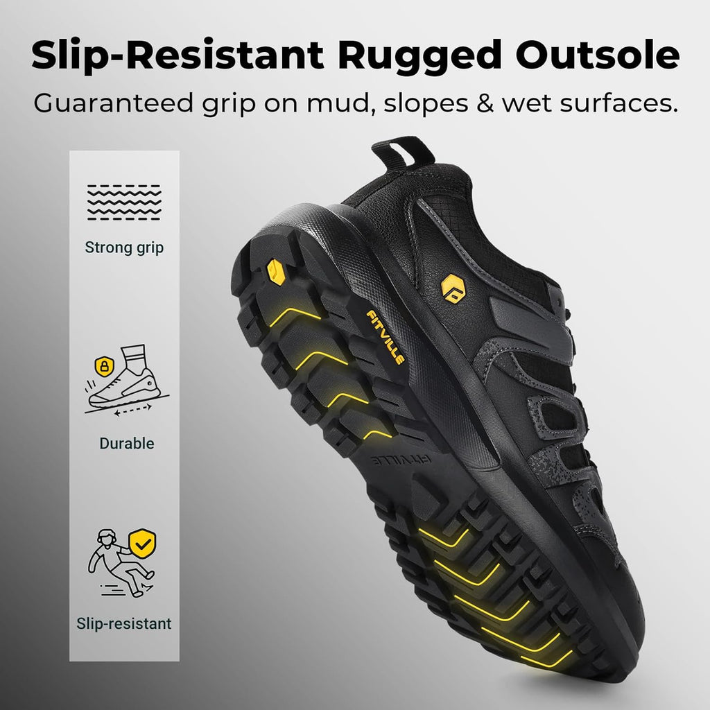 FitVille Men's Wide Hiking Shoes Water Repellent Trekking Trails Outdoor Sneakers Cushioned Lightweight Walking Running Shoes with Arch Support