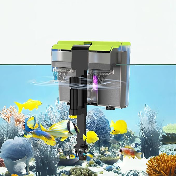 Aquarium Filter for 30-70 Gallon Tank - 4 in 1 Double Waterfall U-V Fish Tank Filter for Green Water & Algae Clean, 8W Quiet Hang on Filter for Saltwater Freshwater, Adjustable Flow, 215 GPH