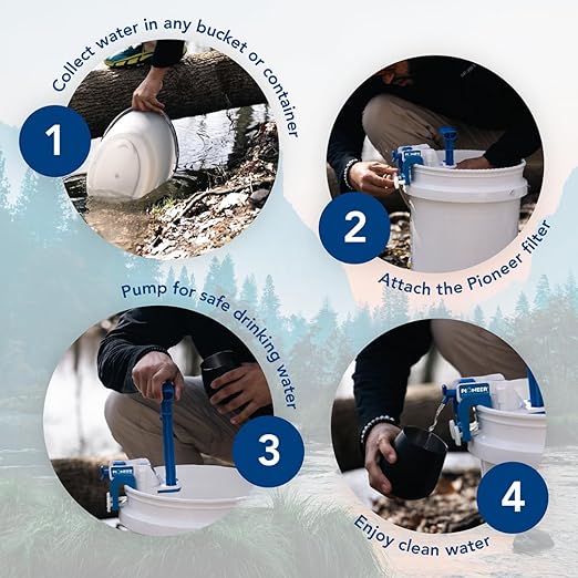 Outdoor Water Filtration System. Bucket Pump Purifier Produces Clean Water for Backpacking, Survival, Hiking - Emergency Filter
