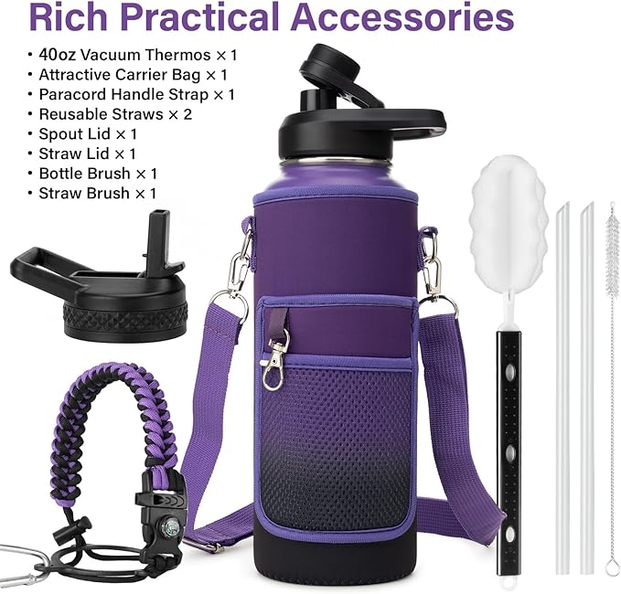 Insulated Water Bottle | Thickened Stainless Steel Vacuum Metal | Portable Sports Water Jug for Gym and Hiking with Straw, Carrier Bag, Handle Strap | BPA-Free 40 oz-FlexoryFit