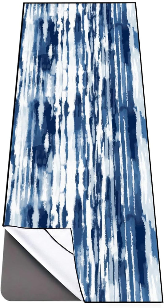 QiyI Yoga Mat Towel with Corner Pockets, Non Slip Sweat Absorbent Hot Yoga Towels, Soft Yoga Blankets with Travel Bag, Skidless Mat Cover for Workout, Gym, Fitness - 70"x26", Blue White Tie Dye-FlexoryFit