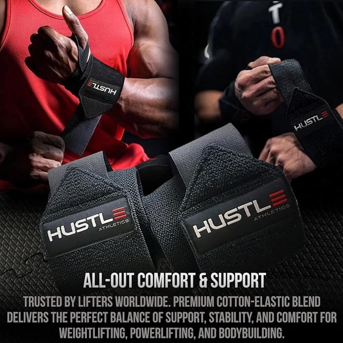 Hustle Athletics Wrist Wraps for Weightlifting – Max Wrist Support for Safe & Heavy Lifts, USPA Approved 18" & 12" Lengths, Thumb Loop Gym Straps for Powerlifting & Weight Lifting for Men and Women-FlexoryFit