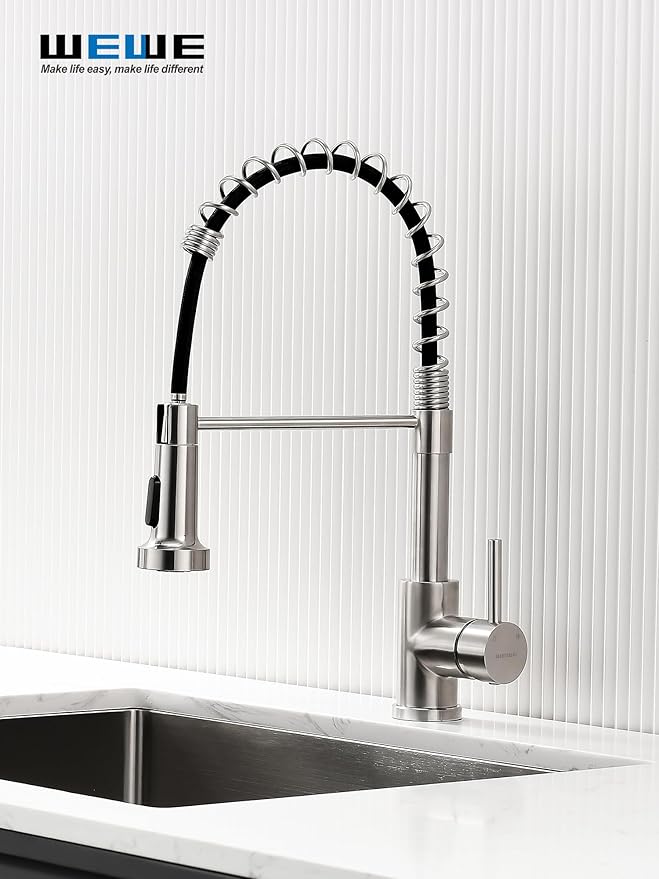 WEWE Kitchen Sink Faucet, Kitchen Faucets with Pull Down Sprayer Stainless Steel Single Handle Single Hole Brushed Nickel Commercial Industrial Spring Pull Out Laundry Farmhouse Kitchen Faucet