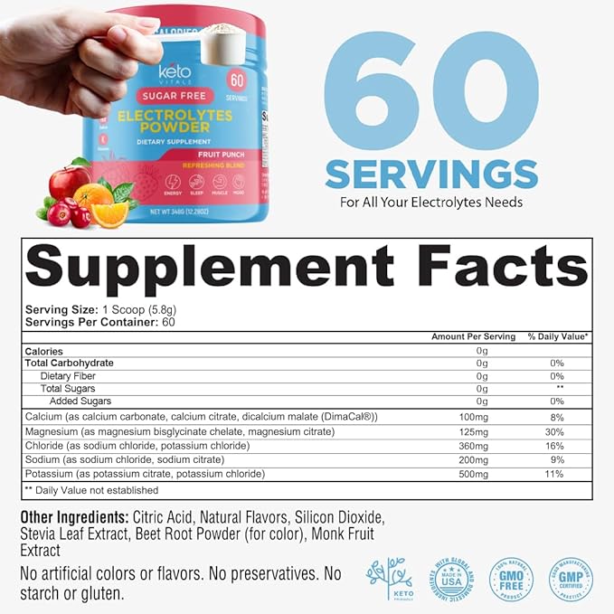Keto Vitals Keto Electrolytes Powder | Keto-Friendly Electrolytes with Potassium, Magnesium, Sodium, Calcium | Electrolytes Sugar Free | Supplement Energy Drink Mix | Zero Calories, Zero Carbs-FlexoryFit