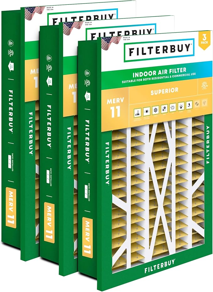 Filterbuy 16x25x5 Air Filter MERV 11 (MPR 1200) Allergen Defense Replacement (3-Pack), Pleated HVAC AC Furnace Filters for Honeywell Return Grille (Actual Size: 14.38 x 23.38 x 3.69)