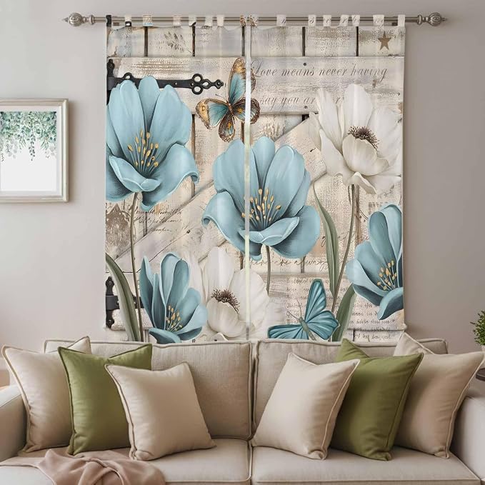 Teal Blue Tulips Living Room Curtains 96 Inch Length, Window Curtains Tab Top - Image 3