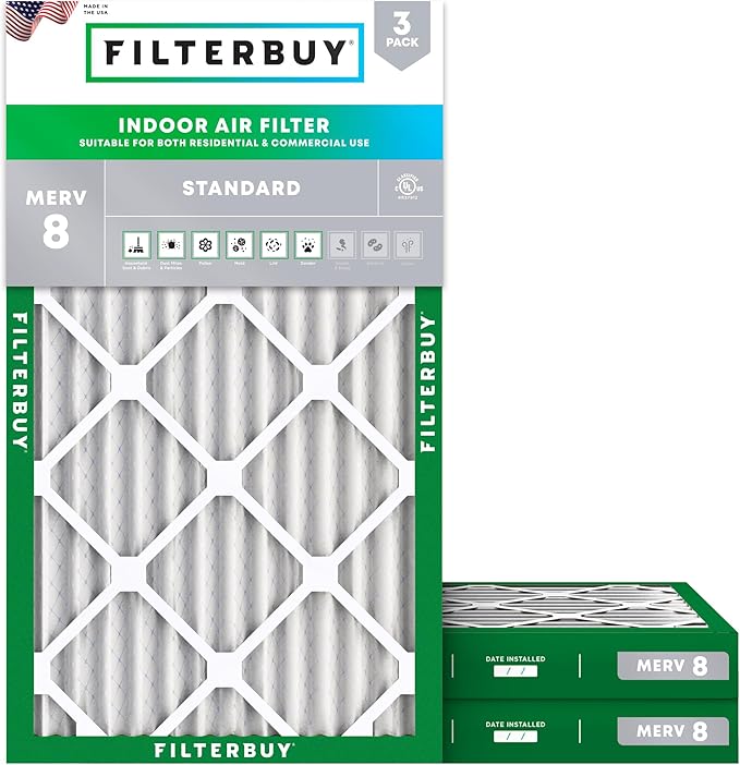 Filterbuy 14x25x2 Air Filter MERV 8 Dust Defense (3-Pack), Pleated HVAC AC Furnace Air Filters Replacement (Actual Size: 13.50 x 24.50 x 1.75 Inches)