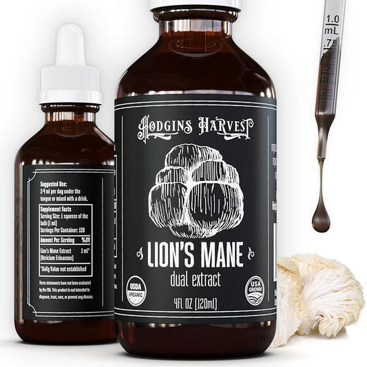 Hodgins Harvest Organic Lion's Mane Tincture | Made with Mushrooms Grown On Our Farm in The USA | Dual Extract | Extra-Concentrated (4 fl oz)-FlexoryFit