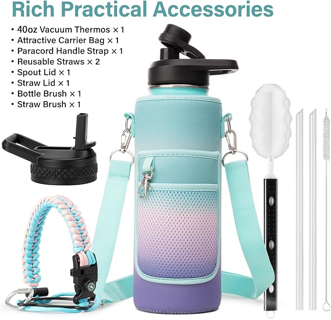 Insulated Water Bottle | Thickened Stainless Steel Vacuum Metal | Portable Sports Water Jug for Gym and Hiking with Straw, Carrier Bag, Handle Strap | BPA-Free 40 oz-FlexoryFit